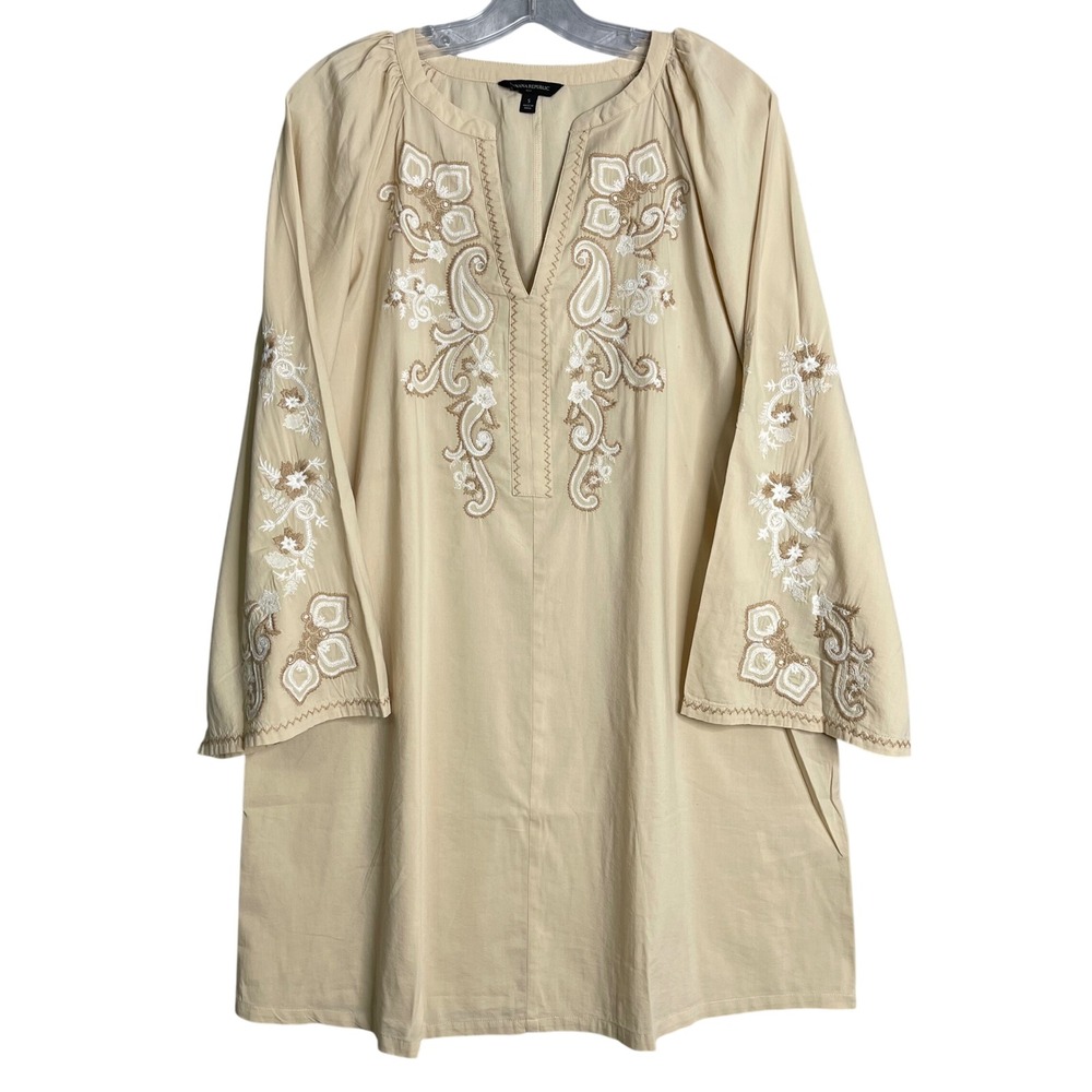 Banana Republic Factory Embroidered Mini Dress Women S Oat Milk Boho Bell Sleeve